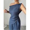 image:imageMakeMeChic Womens 2 Piece Outfit Off The Shoulder Asymmetrical Tops Wide Leg Pants SetBlue