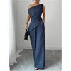 image:imageMakeMeChic Womens 2 Piece Outfit Off The Shoulder Asymmetrical Tops Wide Leg Pants SetBlue