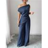 image:imageMakeMeChic Womens 2 Piece Outfit Off The Shoulder Asymmetrical Tops Wide Leg Pants SetBlue