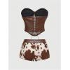 image:imageMakeMeChic Womens Cow Print 2 Piece Set Leather Lace Up Tube Crop Tops with Micro Shorts Western Outfits Rodeo OutfitBrown