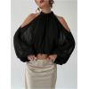 image:imageMakeMeChic Womens Summer Outfits Cold Shoulder Halter Blouse Long Sleeve Tie Back Sheer Crop TopsBlack