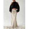 image:imageMakeMeChic Womens Summer Outfits Cold Shoulder Halter Blouse Long Sleeve Tie Back Sheer Crop TopsBlack