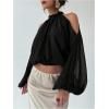 image:imageMakeMeChic Womens Summer Outfits Cold Shoulder Halter Blouse Long Sleeve Tie Back Sheer Crop TopsBlack