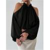 image:imageMakeMeChic Womens Summer Outfits Cold Shoulder Halter Blouse Long Sleeve Tie Back Sheer Crop TopsBlack
