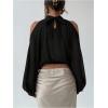 image:imageMakeMeChic Womens Summer Outfits Cold Shoulder Halter Blouse Long Sleeve Tie Back Sheer Crop TopsBlack