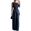 image:imageMakeMeChic Womens 2 Piece Outfit Off The Shoulder Asymmetrical Tops Wide Leg Pants SetBlue