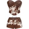 image:imageMakeMeChic Womens Cow Print 2 Piece Set Leather Lace Up Tube Crop Tops with Micro Shorts Western Outfits Rodeo OutfitBrown