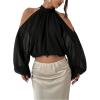 image:imageMakeMeChic Womens Summer Outfits Cold Shoulder Halter Blouse Long Sleeve Tie Back Sheer Crop TopsBlack