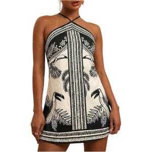 image:imageMakeMeChic Womens Halter Dresses Summer Beach Backless Tropical Vacation Caribbean Outfits Boho Mini DressesBlack and White