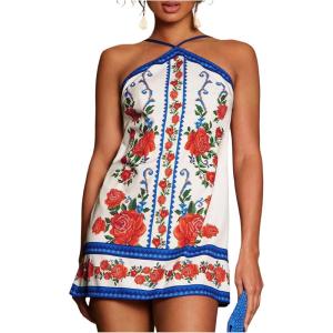 image:imageMakeMeChic Womens Halter Dresses Summer Beach Backless Tropical Vacation Caribbean Outfits Boho Mini DressesBlue Floral