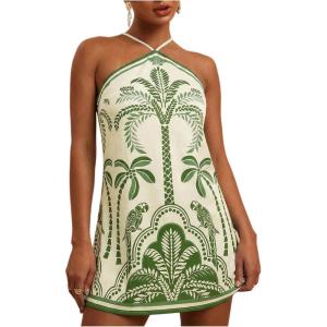 image:imageMakeMeChic Womens Halter Dresses Summer Beach Backless Tropical Vacation Caribbean Outfits Boho Mini DressesGreen and White B