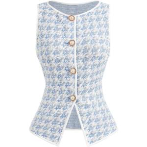 image:imageMakeMeChic Womens Houndstooth Plaid Vest Tops Trendy Dressy Blouse Tops Button Wasitcoat For Work OfficeBlue