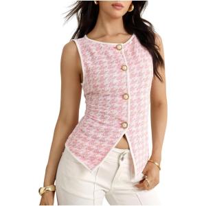 image:imageMakeMeChic Womens Houndstooth Plaid Vest Tops Trendy Dressy Blouse Tops Button Wasitcoat For Work OfficePink