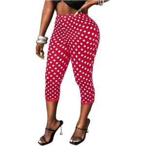 image:imageMakeMeChic Womens Polka Dots Capri Pants Elastic High Waisted Cropped LeggingsRed