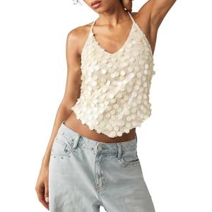 image:imageMakeMeChic Womens Sequin Tops Sparkly Glitter Halter Tank Tops V Neck Open Back Y2k Summer Party Concert OutfitsApricot