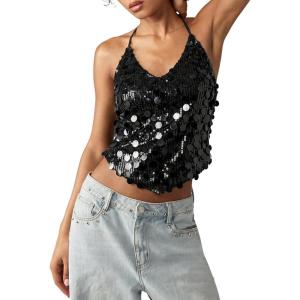 image:imageMakeMeChic Womens Sequin Tops Sparkly Glitter Halter Tank Tops V Neck Open Back Y2k Summer Party Concert OutfitsBlack