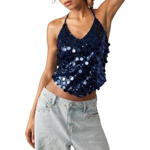 image:imageMakeMeChic Womens Sequin Tops Sparkly Glitter Halter Tank Tops V Neck Open Back Y2k Summer Party Concert OutfitsBlue