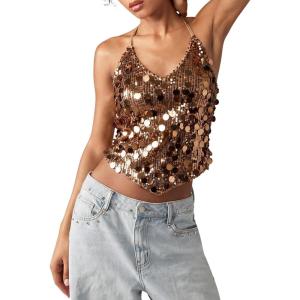 image:imageMakeMeChic Womens Sequin Tops Sparkly Glitter Halter Tank Tops V Neck Open Back Y2k Summer Party Concert OutfitsBrown