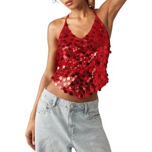 image:imageMakeMeChic Womens Sequin Tops Sparkly Glitter Halter Tank Tops V Neck Open Back Y2k Summer Party Concert OutfitsRed