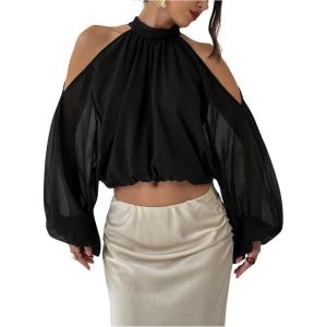 image:imageMakeMeChic Womens Summer Outfits Cold Shoulder Halter Blouse Long Sleeve Tie Back Sheer Crop TopsBlack