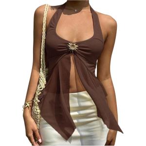 image:imageMakeMeChic Womens Tie Backless Halter Tops Metal Decor Split Sleeveless Y2k TankCoffee Brown