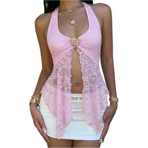 image:imageMakeMeChic Womens Tie Backless Halter Tops Metal Decor Split Sleeveless Y2k TankPink