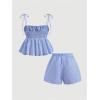 image:imageMakeMeChic Womens 2 Piece Summer Outfits Striped Tie Shoulder Peplum Shirred Tops and Shorts SetBlue