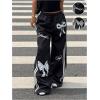 image:imageMakeMeChic Womens Bow Knot Print Pants Drawstring Waisted Striped Wide Leg TrousersBlack