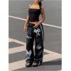 image:imageMakeMeChic Womens Bow Knot Print Pants Drawstring Waisted Striped Wide Leg TrousersBlack