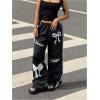 image:imageMakeMeChic Womens Bow Knot Print Pants Drawstring Waisted Striped Wide Leg TrousersBlack