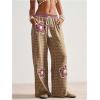 image:imageMakeMeChic Womens Floral Gingham Print Pants Drawstring Waisted Summer Y2K Boho TrousersBrown