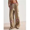 image:imageMakeMeChic Womens Floral Gingham Print Pants Drawstring Waisted Summer Y2K Boho TrousersBrown