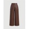 image:imageMakeMeChic Womens Leather Pants High Waist Wide Leg Pants Elastic Straight Party Trousers with PocketsBrown