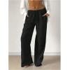 image:imageMakeMeChic Womens Linen Pants Summer Beach Wide Leg Low Rise Baggy Pants TrousersBlack