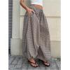 image:imageMakeMeChic Womens Plaid Baggy Wide Leg Pants Balloon Ruffle Harem Pants with PocketBrown Plaid
