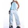 image:imageMakeMeChic Womens Tie Back Halter Tops Sheer Swiss Dots Knot Backless Sleeveless TankStriped Blue