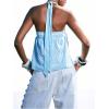 image:imageMakeMeChic Womens Tie Back Halter Tops Sheer Swiss Dots Knot Backless Sleeveless TankStriped Blue