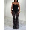 image:imageMakeMeChic Womens Valentines Day Outfit Black Lace Pants Bow Sheer Low Waisted Bell Bottom PantsBlack