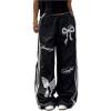 image:imageMakeMeChic Womens Bow Knot Print Pants Drawstring Waisted Striped Wide Leg TrousersBlack