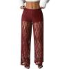 image:imageMakeMeChic Womens Y2K Lace Pants Wide Leg Sheer Mesh Low Rise Trousers PantsBurgundy