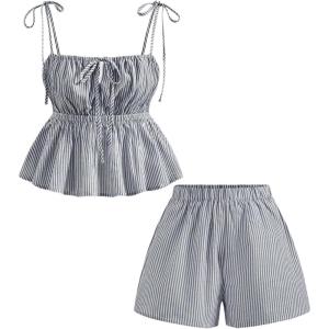 image:imageMakeMeChic Womens 2 Piece Summer Outfits Striped Tie Shoulder Peplum Shirred Tops and Shorts SetBlue a