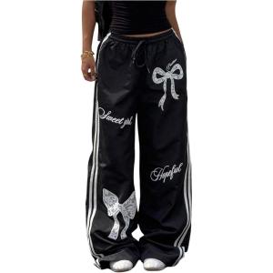 image:imageMakeMeChic Womens Bow Knot Print Pants Drawstring Waisted Striped Wide Leg TrousersBlack
