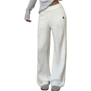 image:imageMakeMeChic Womens Cable Knit Wide Leg Sweater Pants Low Waist Baggy TrousersWhite