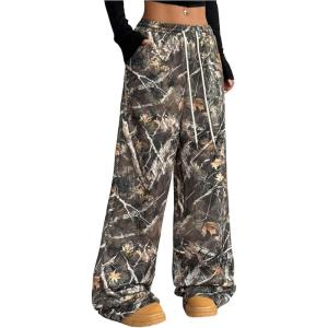 image:imageMakeMeChic Womens Camo Wide Leg Sweatpants Drawstring Low Rise Baggy Y2k Athletic PantsArmy Green