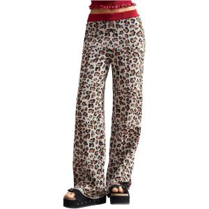 image:imageMakeMeChic Womens Cheetah Print Pants Fall Elastic Waist Wide Leg Retro Knitted TrousersMulticolor