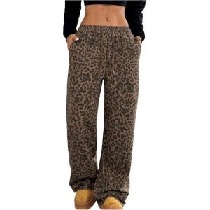 image:imageMakeMeChic Womens Cheetah Print Pants Leopard Straight Wide Leg Trousers PantsCoffee Brown