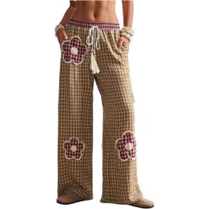 image:imageMakeMeChic Womens Floral Gingham Print Pants Drawstring Waisted Summer Y2K Boho TrousersBrown