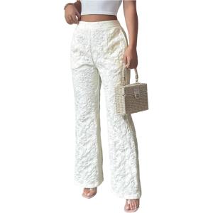 image:imageMakeMeChic Womens Floral High Waist Flare Leg Dress Pants Jacquard Work Office TrousersApricot