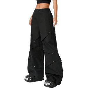image:imageMakeMeChic Womens Goth Cargo Pants Hip Hop Low Waisted Zip Fly Y2k Baggy Wide Leg PantsBlack