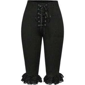 image:imageMakeMeChic Womens Lace Capri Pants Y2k Lace Up Ruffle Crop LeggingsBlack